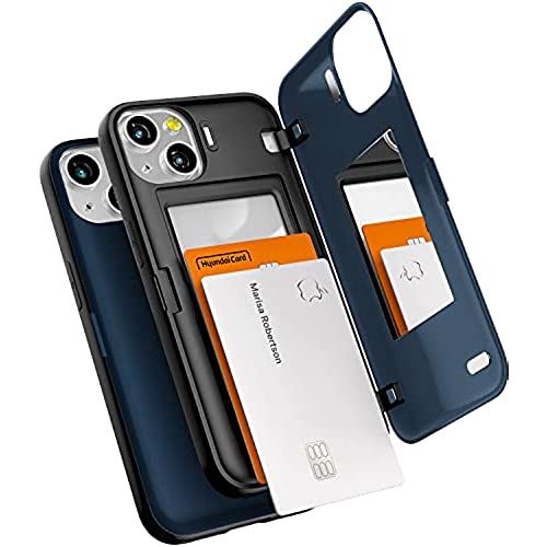 Goospery iPhone 13 用 ケース 背面 カード 収納 マグネット式 バンパー バンパー カバー 6.1 インチ、アイフォン13 ケース カード収納 背面 ケース 2枚 カード入れ カバ― ネイビー / ミッドナイトブルー