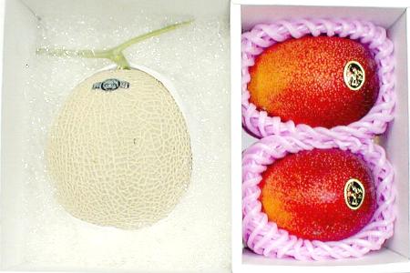 宮崎産 完熟マンゴー 太陽のタマゴ 3Lサイズ 2個入り＆静岡産 温室メロン 約1.5kg 白級 化粧箱●ご贈答おすすめ果物です|みやざき かんじゅくマンゴー マスクメロン アールスメロン プレゼント ギフト