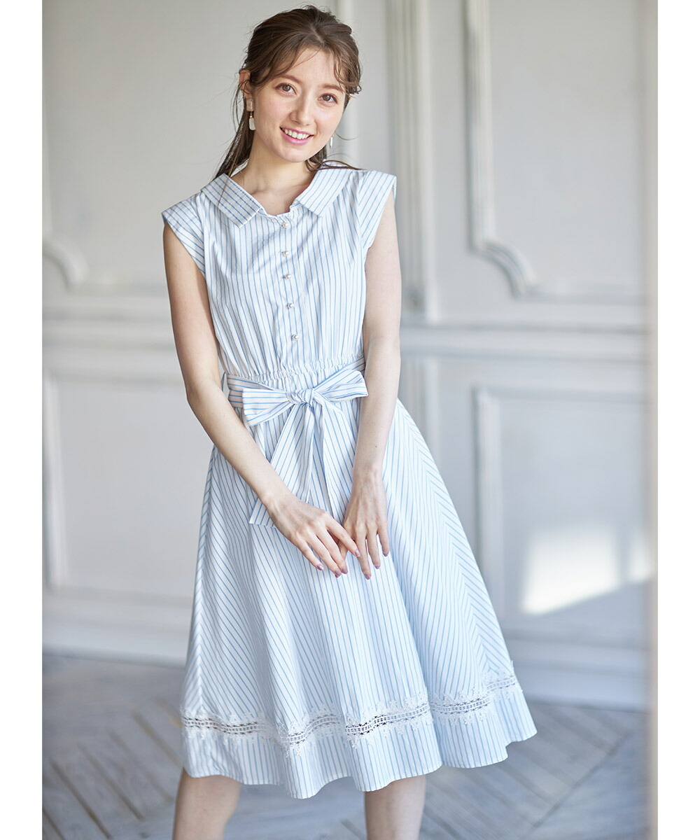 ウェストラインりぼん幸運パール釦レイスパタンバックレースアップストライプシャツワンピース Ladisa ラディーサ Tocco Closet トッコクローゼット レディース 柏木由紀さんは黒人穿く ブルーチーズ ベージュ Acilemat Com
