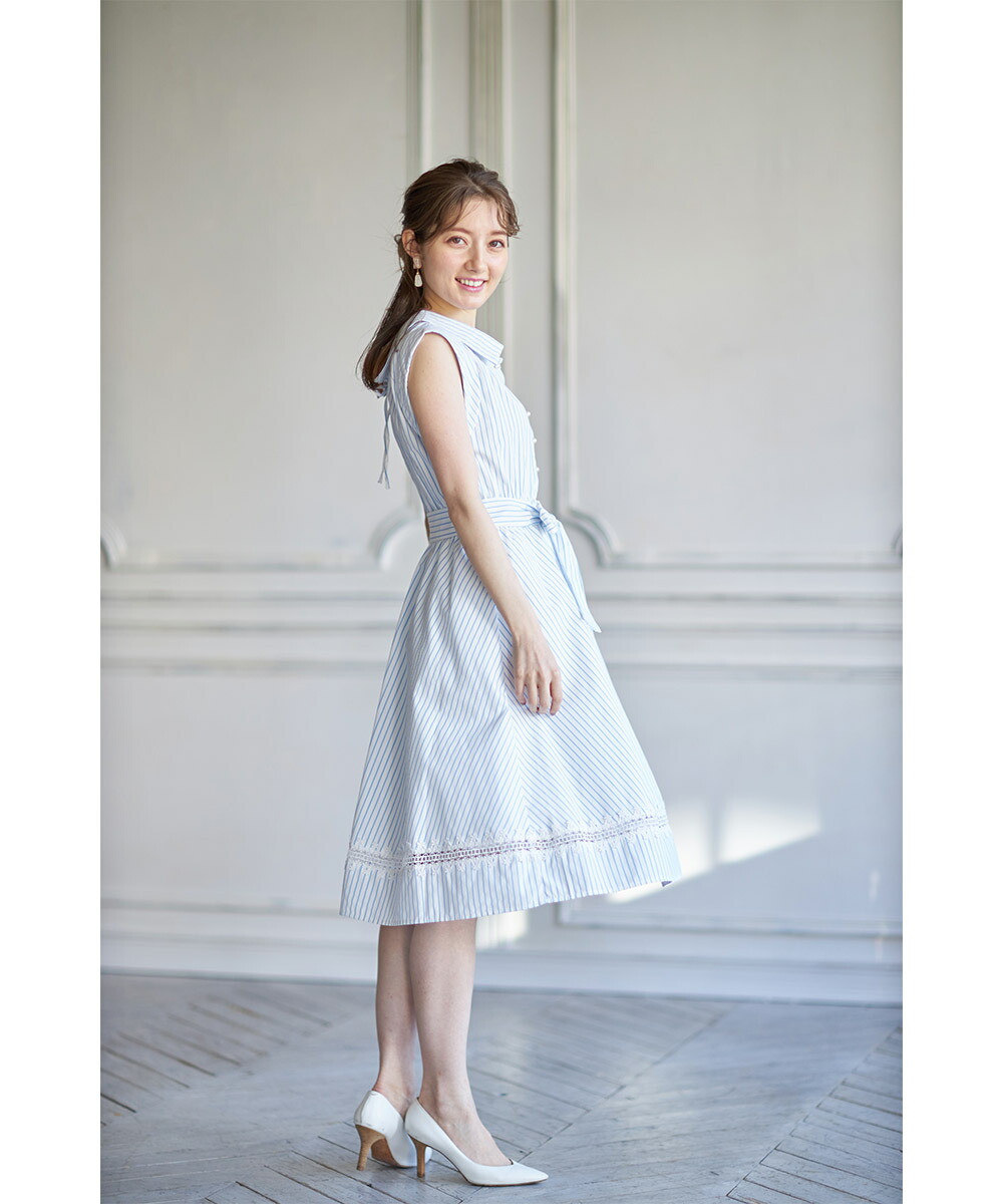 ウェストラインりぼん幸運パール釦レイスパタンバックレースアップストライプシャツワンピース Ladisa ラディーサ Tocco Closet トッコクローゼット レディース 柏木由紀さんは黒人穿く ブルーチーズ ベージュ Acilemat Com