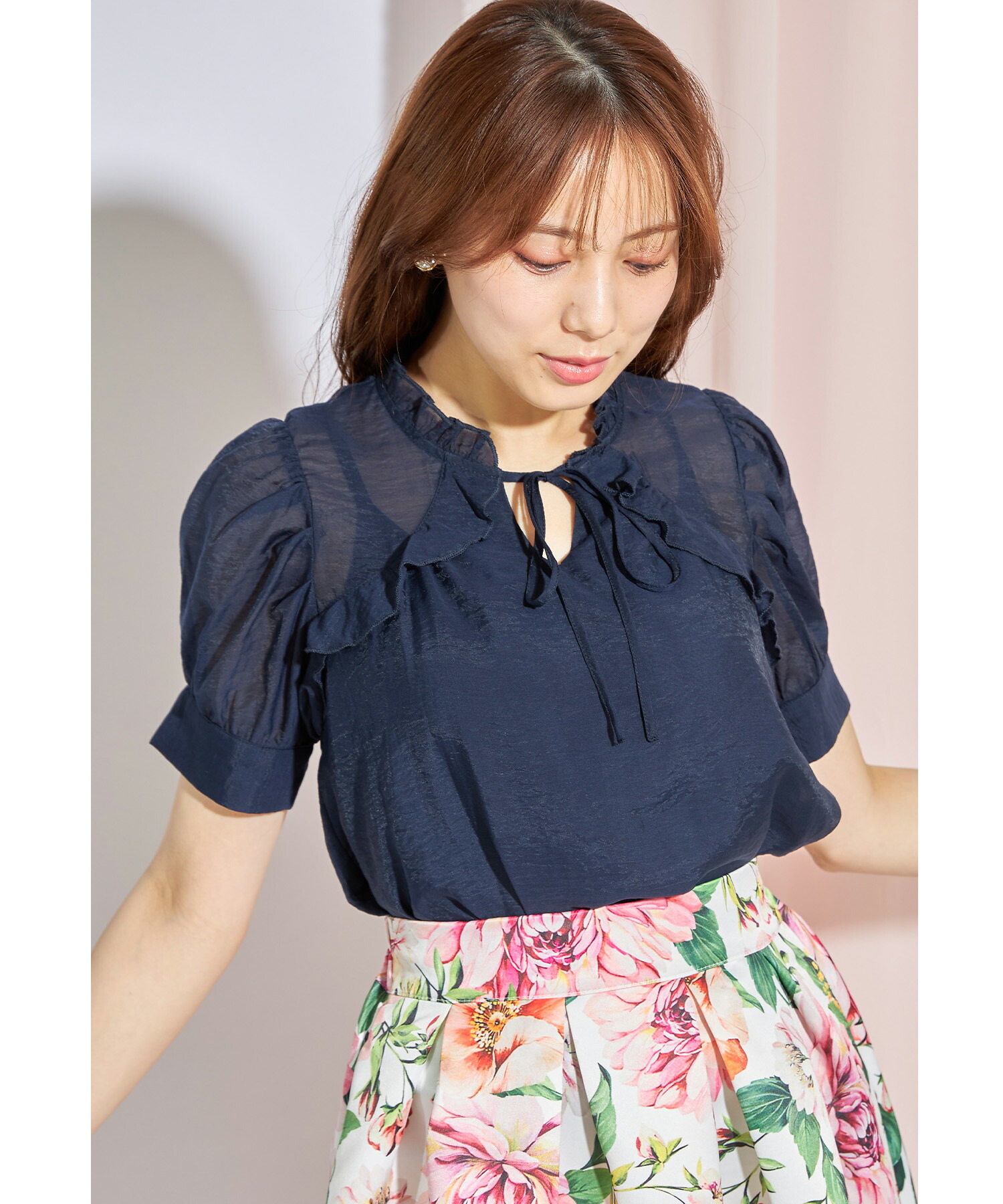 Celine シルク ボウタイ フリル パフスリーブ ストライプ ブラウス 2B485110l ブルー 38 (204230