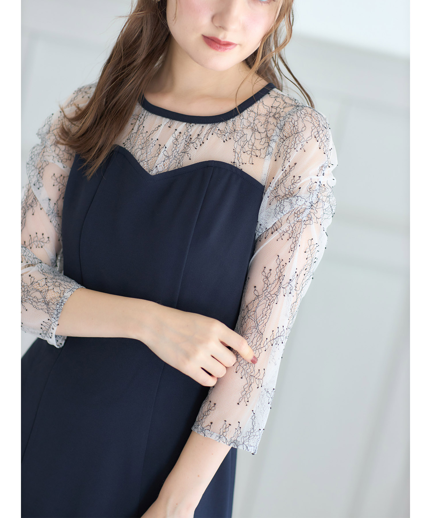 かずかず♡ シャーリングスリーブレース切り替え配色マーメイドワンピース【foane