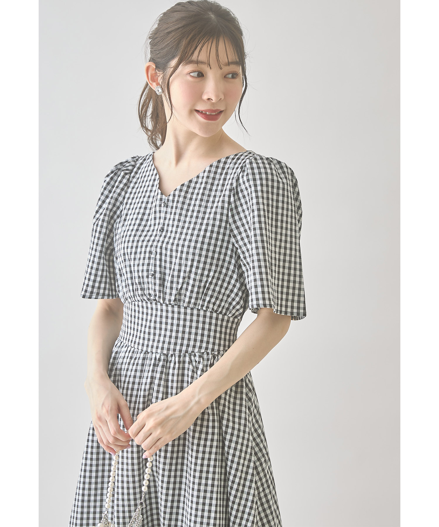 【日本産】 バックレースアップフレアスリーブギンガムチェックワンピース ウェア