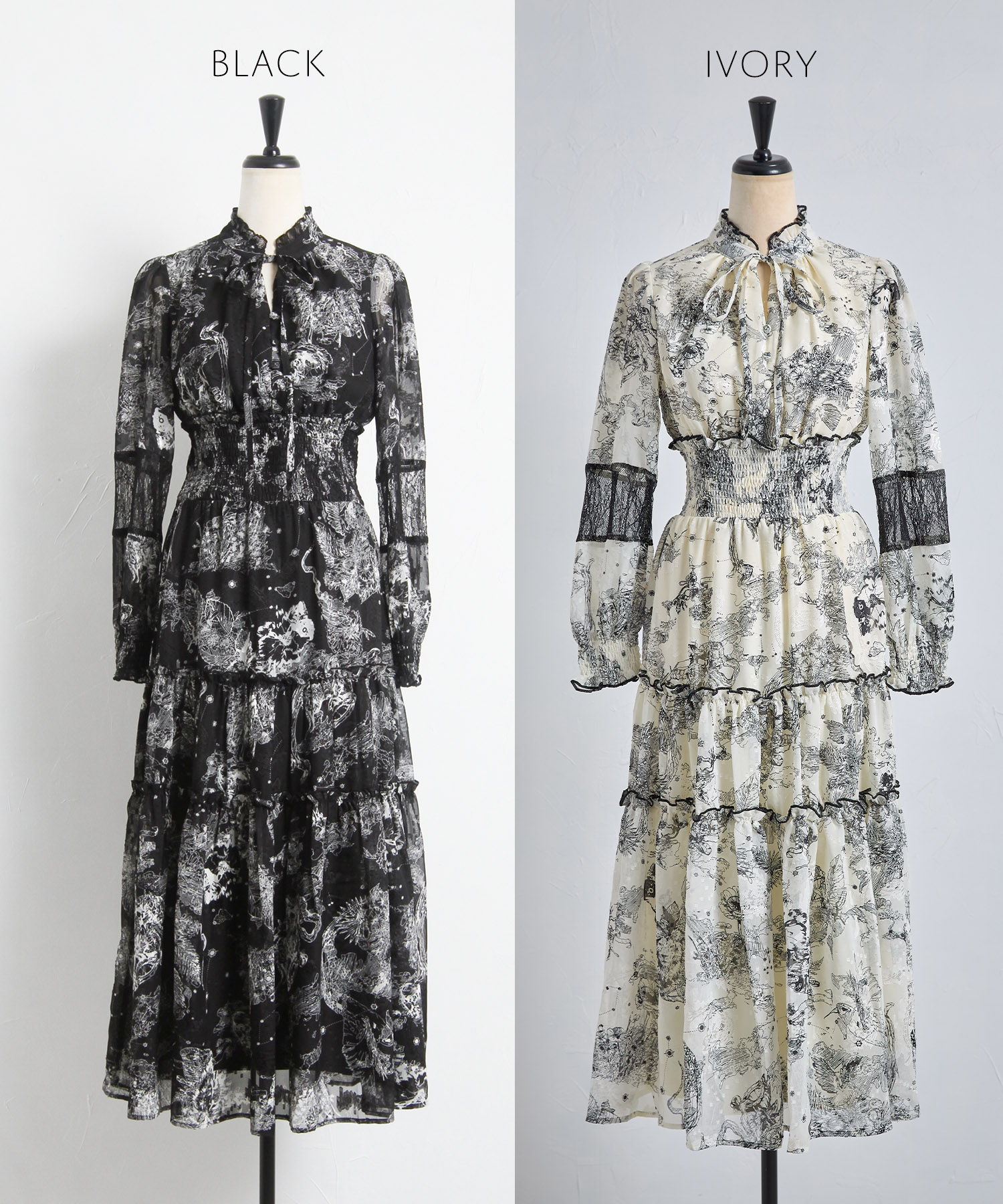 フリル＆リボン付きウエストシャーリング星座トワルドジュイ柄