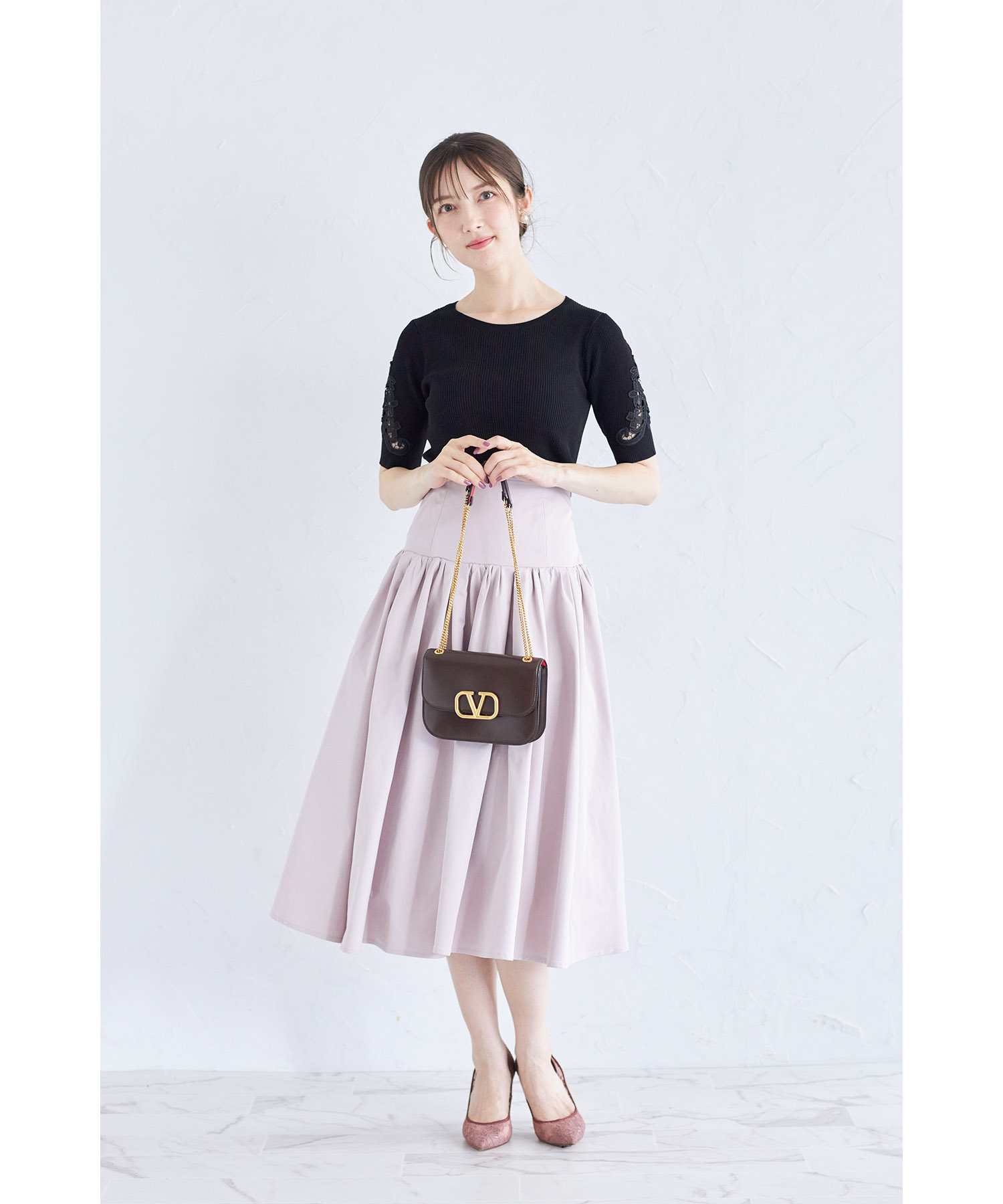 フラワー刺繍スリーブリブニットプルオーバー【correly コレリー
