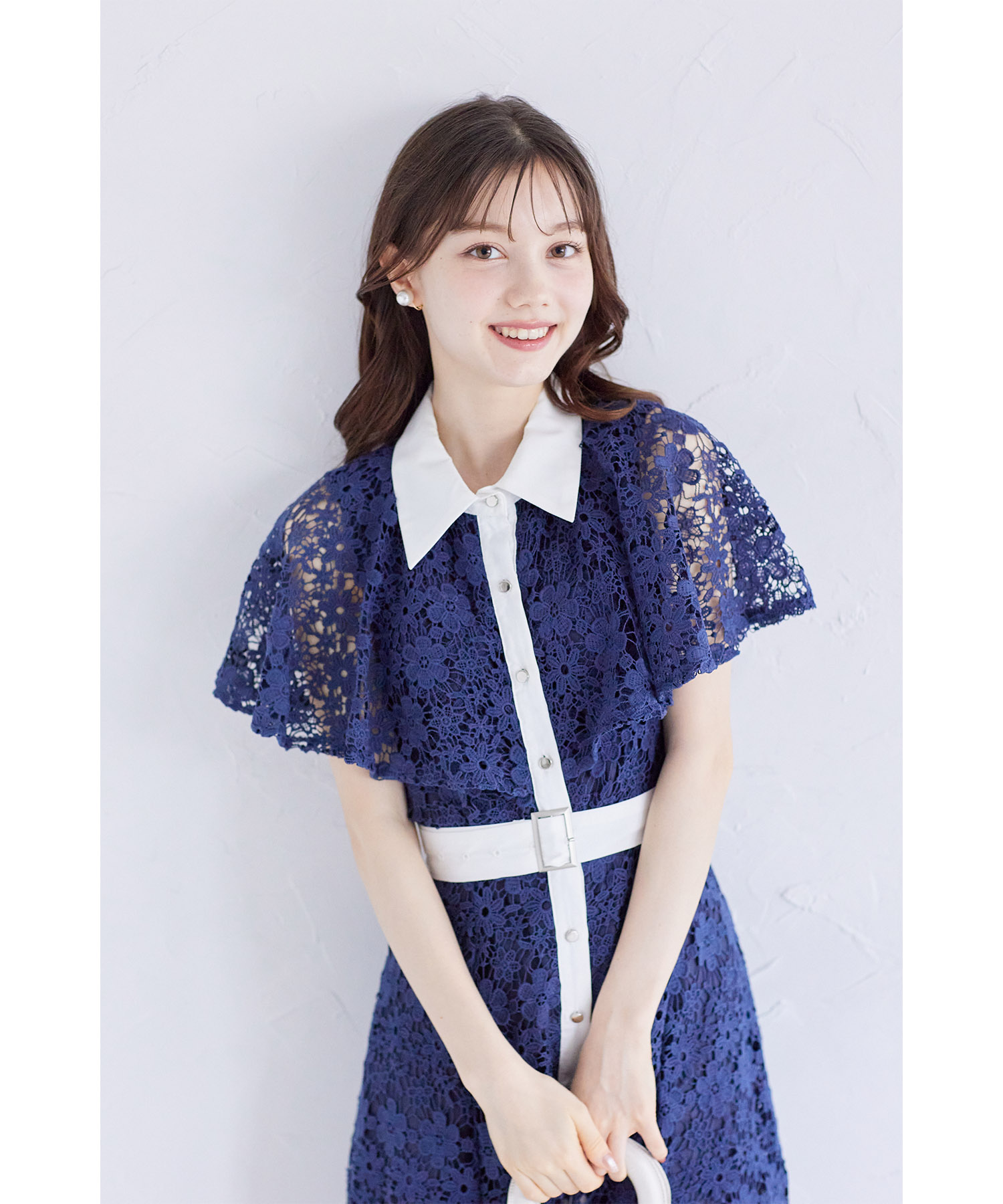 ベルト付き配色ケープライクフラワーレースシャツワンピース【lorinda