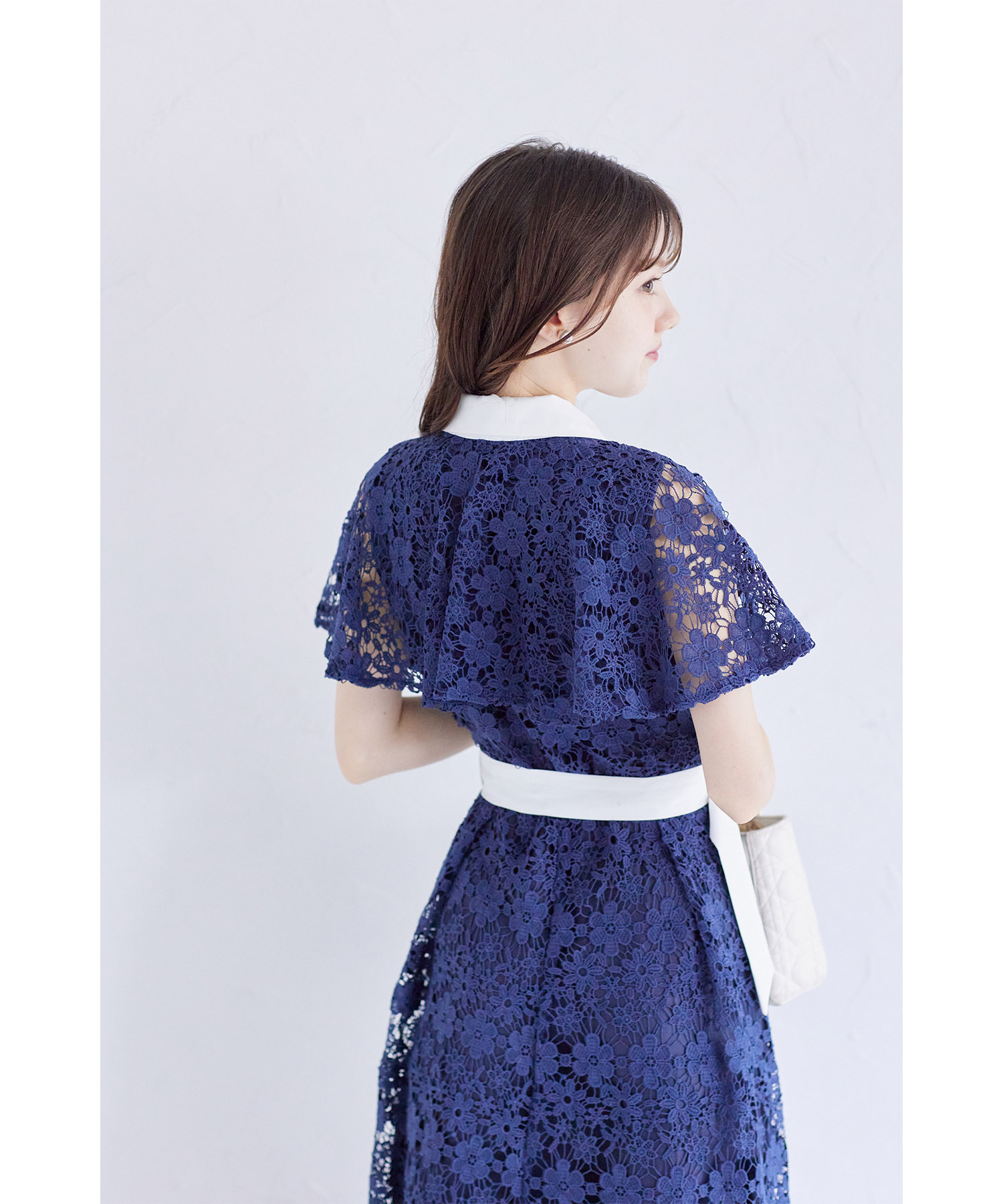 ベルト付き配色ケープライクフラワーレースシャツワンピース【lorinda