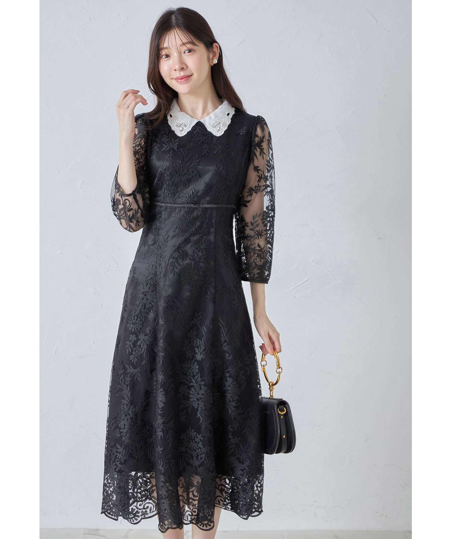 取り外し可能な立体フラワー襟付きレースワンピース【areesia