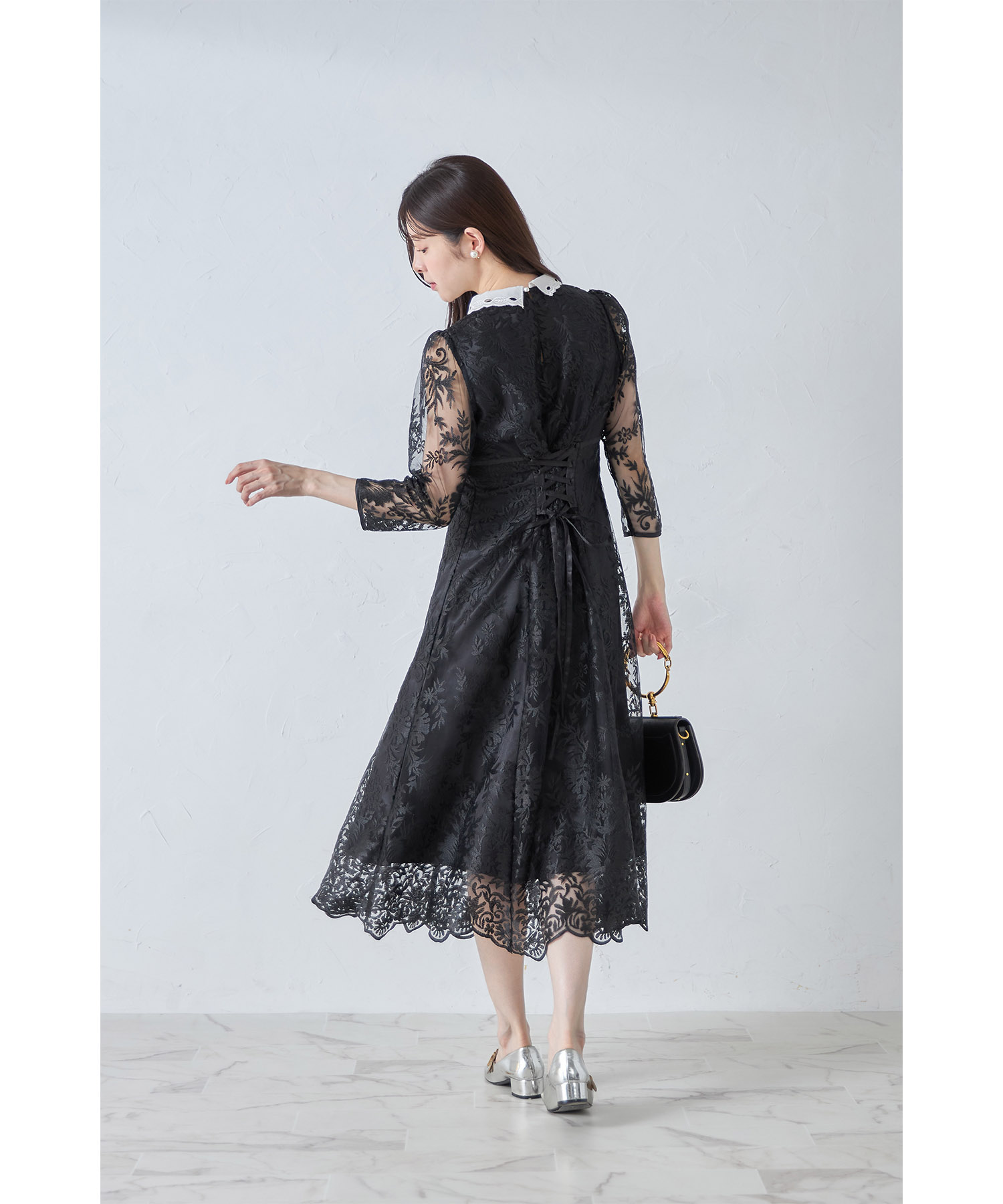 取り外し可能な立体フラワー襟付きレースワンピース【areesia