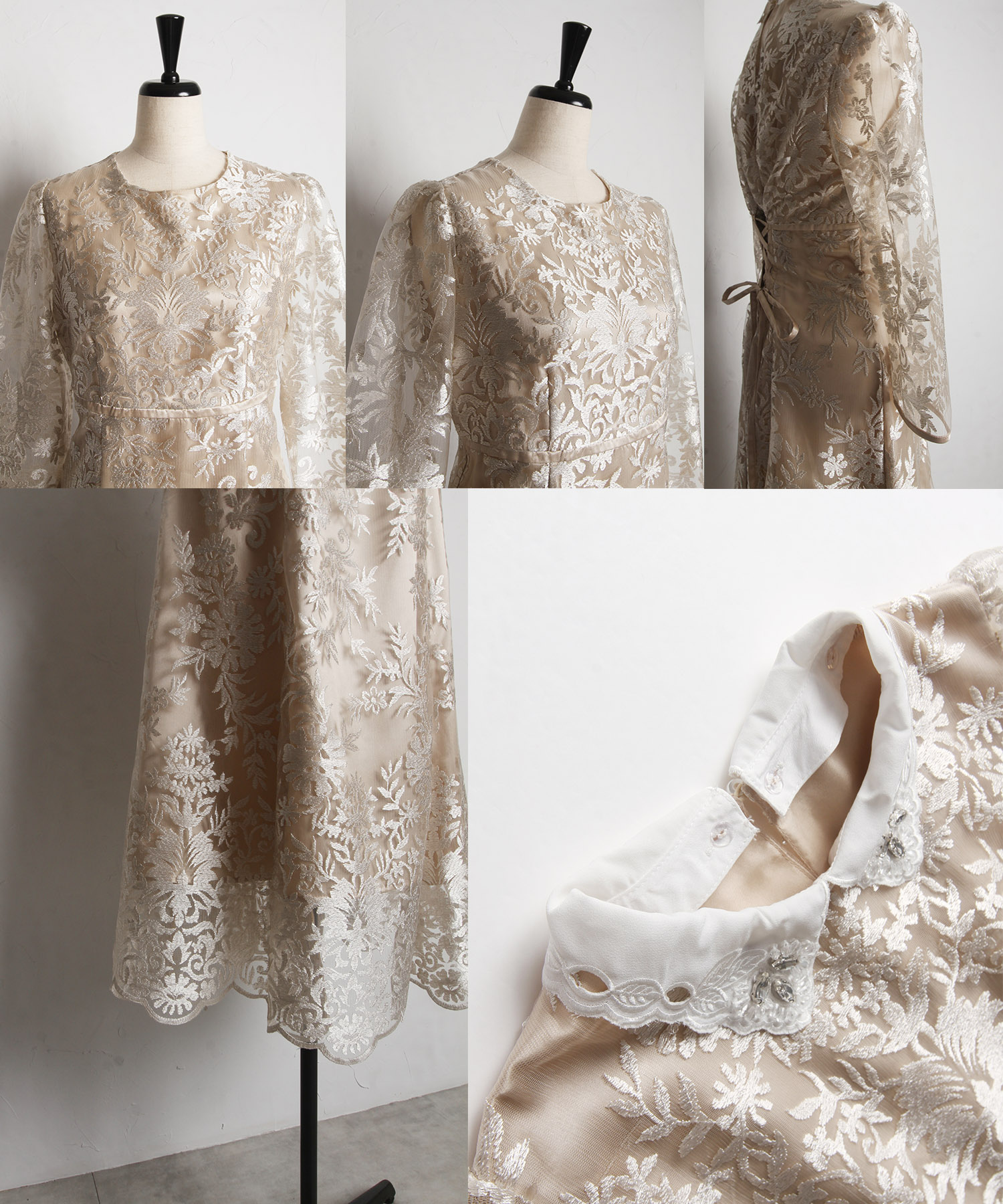 取り外し可能な立体フラワー襟付きレースワンピース【areesia