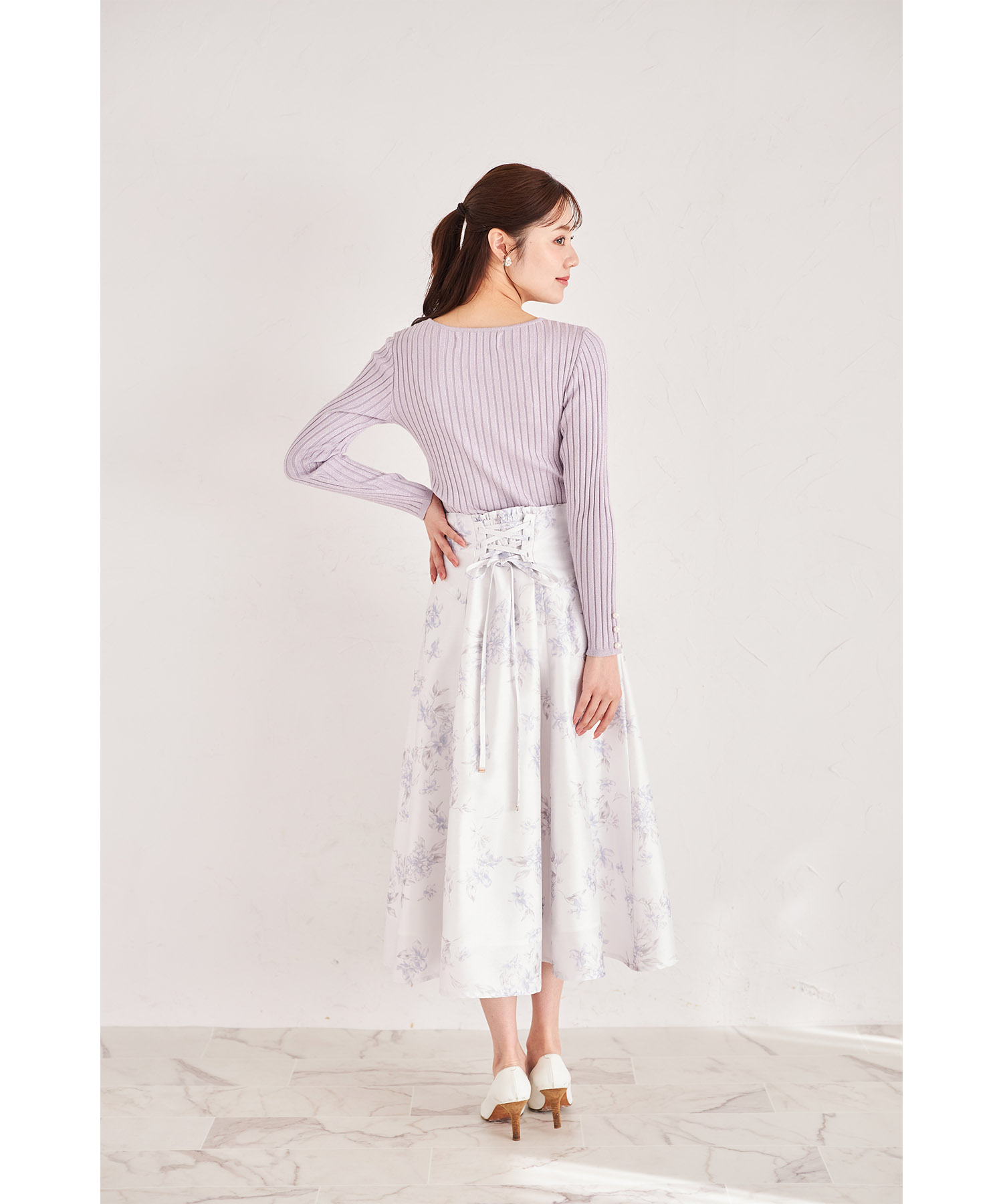 バックレースアップフラワープリントフレアスカート【tisania