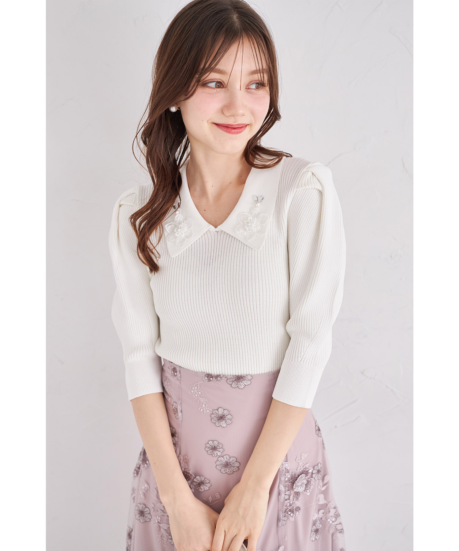 楽天市場】立体フラワーモチーフ襟付きリブニットプルオーバー【erbury