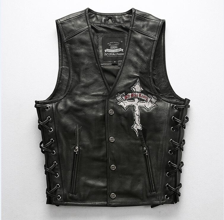 ハレーレザージャーキン ベスト 本革 バイクジャケット 牛革 ベスト髑髏刺繍 レザージャケット メンズ本革ジャケット 牛革ライダー|江熊商事