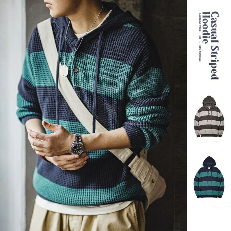 Casual Striped Hoodie 秋冬 フード付き　ボーダー柄トレーナー スウェット メンズトップスＳ～2ＸＬ｜江熊商事