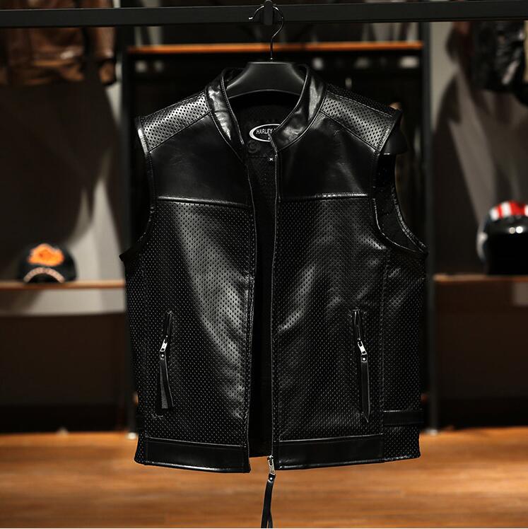 メンズレザー ハレー ジャーキン ベスト 本革 牛革 メッシュ バイクジャケット ライダース 本革ジャッケット レザージャケット|江熊商事