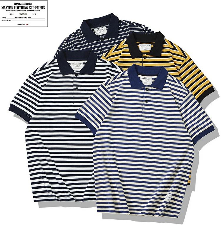 春夏 OKONKWO新作綿織物メンズＴシャツ アメカジ 縞模様柄 スポーツシャツ POLO TEE 半袖  プルオーバー