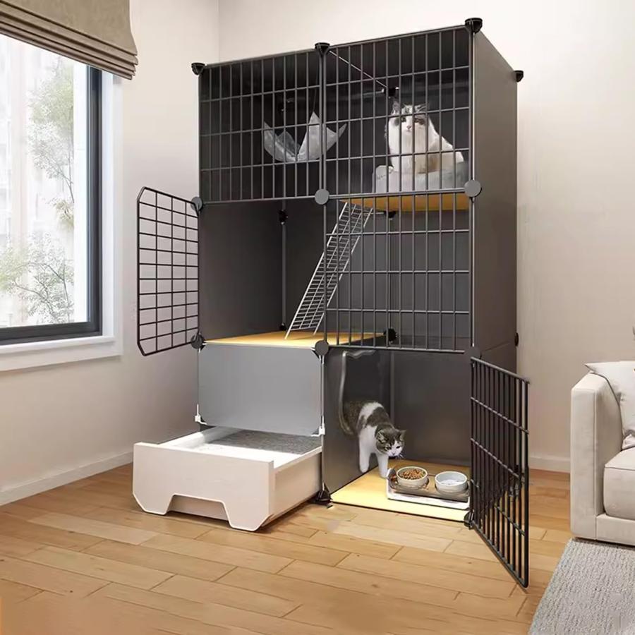 引き出し式猫トイレ付き屋内特大猫ケージ、組み立てられた猫の囲いの運動場所猫コンドミニアム、広々として多用途|江熊商事