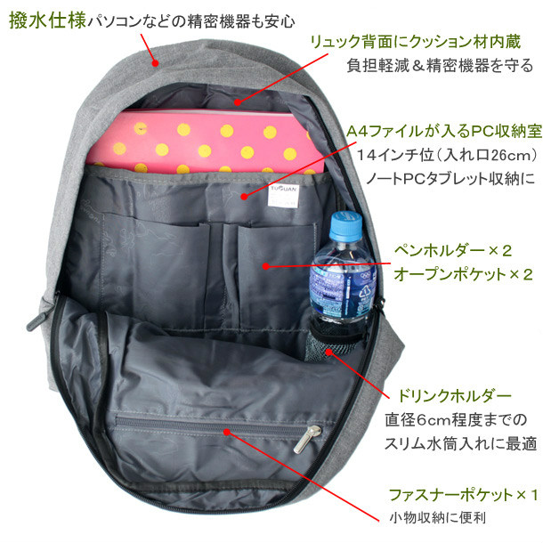 楽天市場 大きく開く 撥水 リュック デイリー 多収納 対応 Pcバッグ 多ポケット 水筒ドリンクホルダー 防水 メンズ レディース ユニセックス 高機能 リュックサック 自転車 通勤 通学 マザーズバッグ ママバッグ 黒 グレー 旅用品とアウトドア Tocotabi