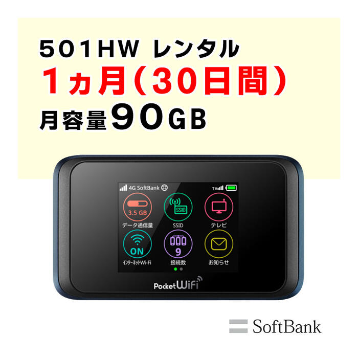 楽天市場 1ヵ月レンタル Softbank ソフトバンク 501hw ポケットwifiレンタル 月容量90gb 1日3gbのご利用可能 Wifi Bank