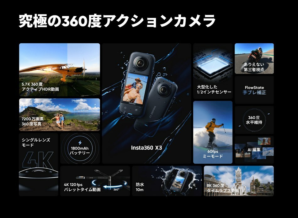 Insta360 X3 プレミアムセット メモ 114cm自撮り棒 レンズキャップ