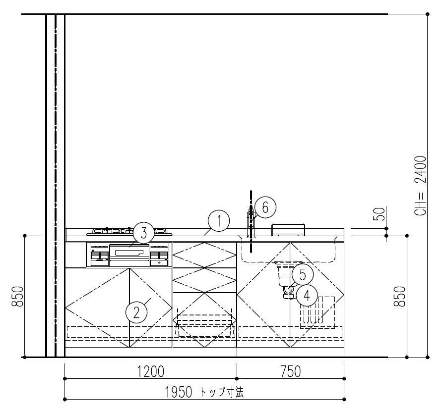 市場 壁付I型 間口195cm奥行60cm高さ85cm 開き扉プラン ウォールユニット無 3口コンロ レンジフード システムキッチン 食器洗い乾燥機無