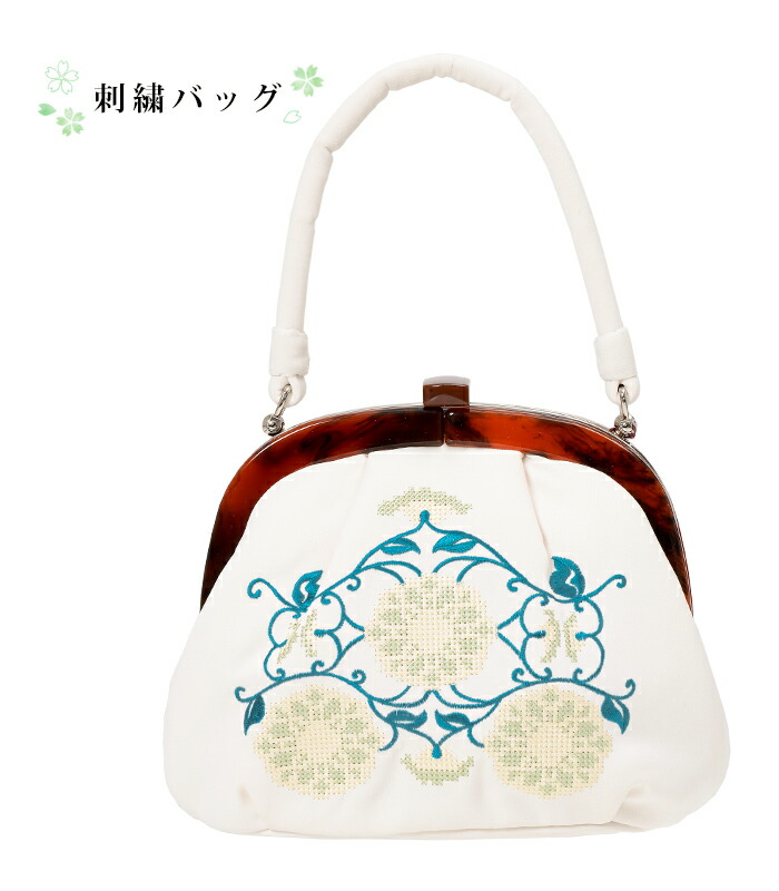 クロスステッチ 刺繍バッグ（ 花唐草文 ： オフホワイト） 和洋兼用 刺繍 バッグ 手提げ ハンドバッグ オシャレ レディース 2221-00011-A-Y