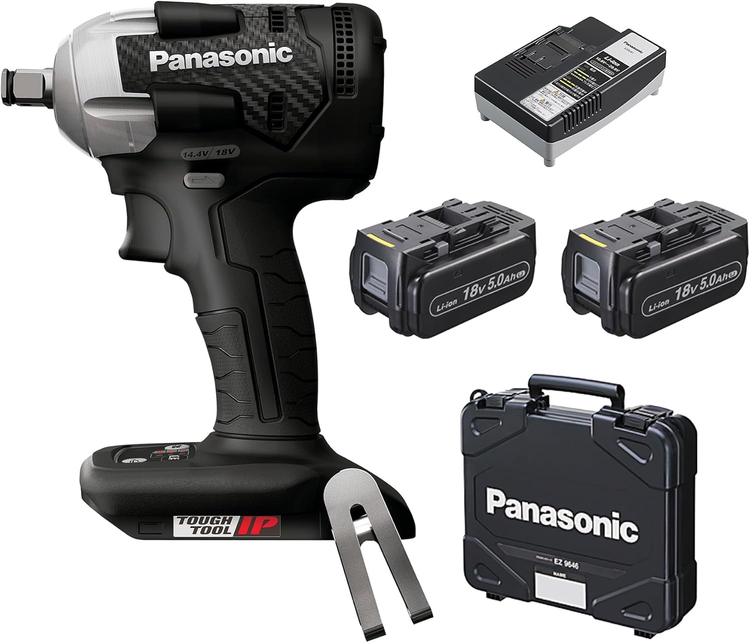 パナソニック 充電インパクトレンチ 18V 5.0Ah電池パック×2個/充電器/ケース デュアル (14.4V/18V対応) 全長小型143mm 280N・m(18V使用時) IP56 EZ75A8LJ2G-B ブラック 正規品