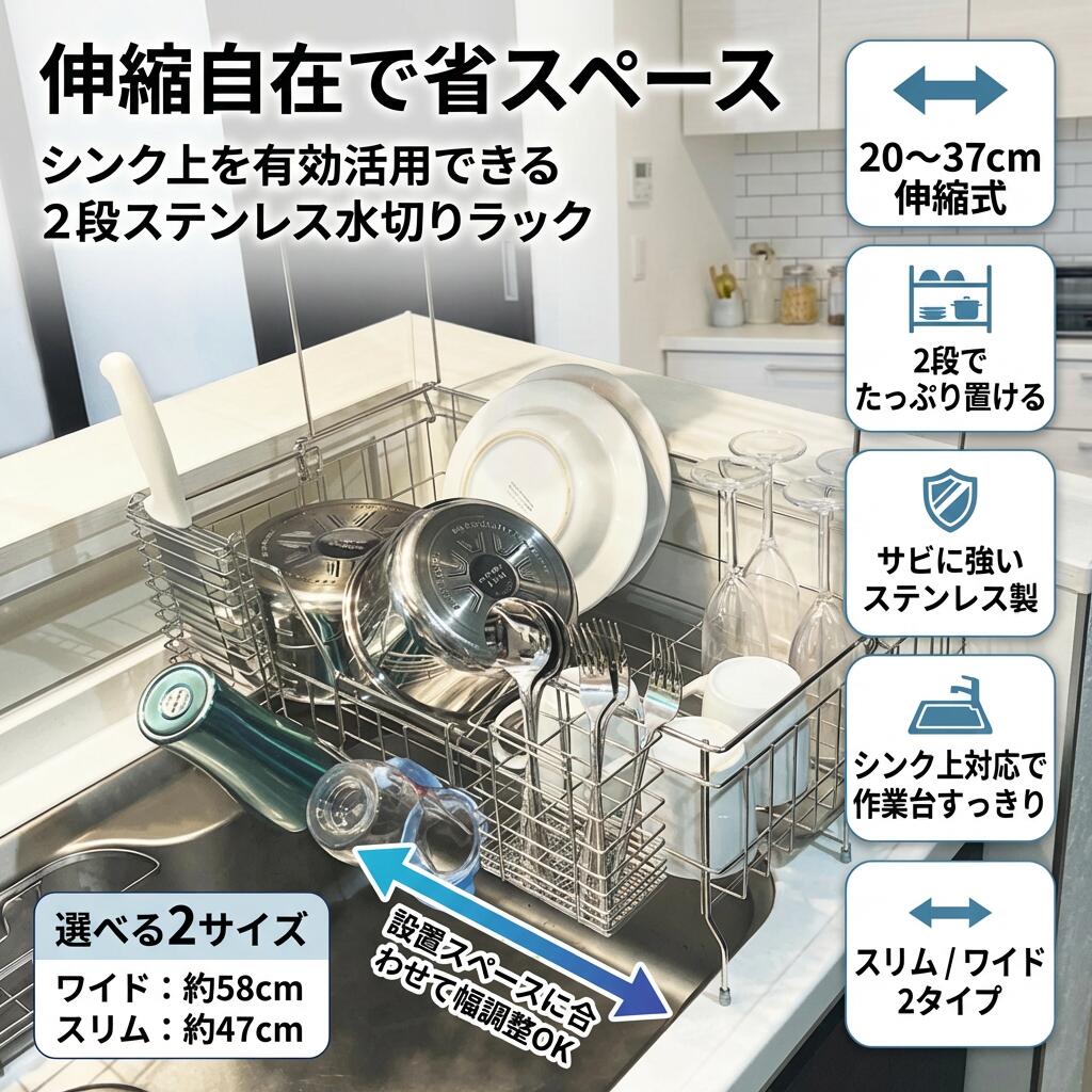 【伸縮自在で省スペース】ステンレス水切りラック 2段 大容量 スリム シンク上対応 水切りかご 食器乾燥 キッチン収納 水筒対応 洗い物 台所 おしゃれ 新生活 母の日 父の日 誕生日 ポイント消化 プレゼント ギフト 人気 おすすめ