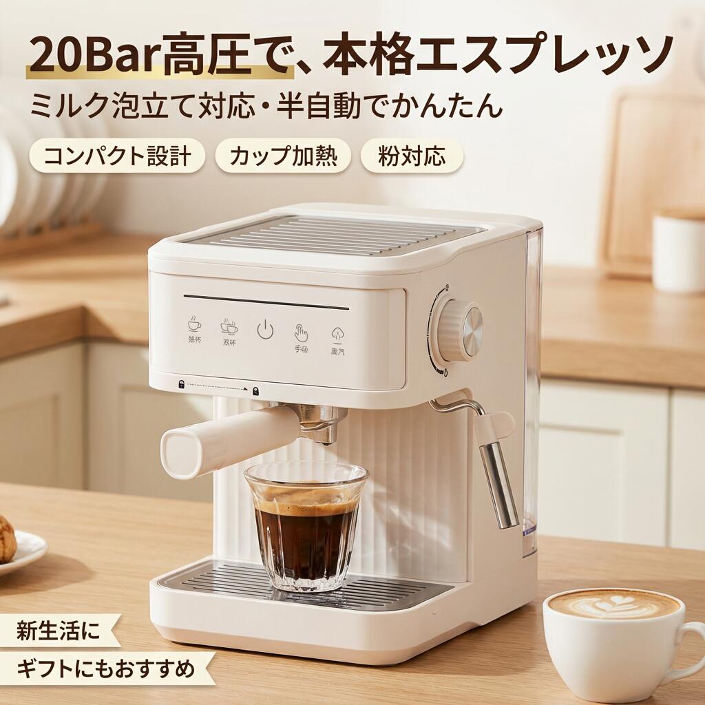 【20Bar高圧＆ミルク泡立て】エスプレッソマシン 家庭用 小型 半自動 コーヒーメーカー コーヒーマシン ドリップコーヒーメーカー カップ加熱 粉対応 水タンク おしゃれ ギフト ポイント消化 プレゼント 人気 おすすめ 新生活 母の日 父の日 誕生日｜トウカイショップ