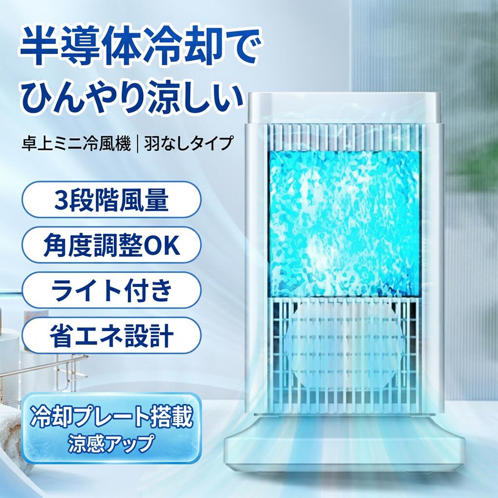 【半導体冷却でひんやり】冷風機 羽なしタイプ 小型 ミニ冷風扇 卓上ミニクーラー 風量3段階調整 ライト付き 省エネ 自動電源オフ 取っ手付き オフィス 寝室 リビング さ対策 熱中症対策 ポイント消化 プレゼント ギフト 人気 おすすめ 新生活 母の日 父の日 誕生日