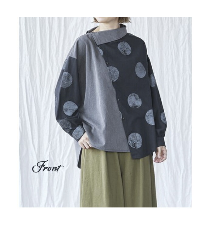 北欧風 アシンメトリーゆったりトップス Cotton100 コットン100 コットン 綿 レディース 秋物 秋 長袖 ゆったり 無地 大き目ドット柄 シンプル アシメデザイン 30代 40代 50代 60代 70代 80代 ファッション シニア 婦人服 おしゃれ 体型カバー プレゼント