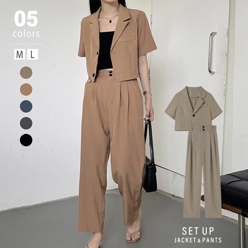 セットアップ ショート ジャケット ワイドパンツ 2点セット レディース パンツ 半袖 フォーマル スーツ ハイウエスト 上下 カジュアル オフィス 大人 春 夏
