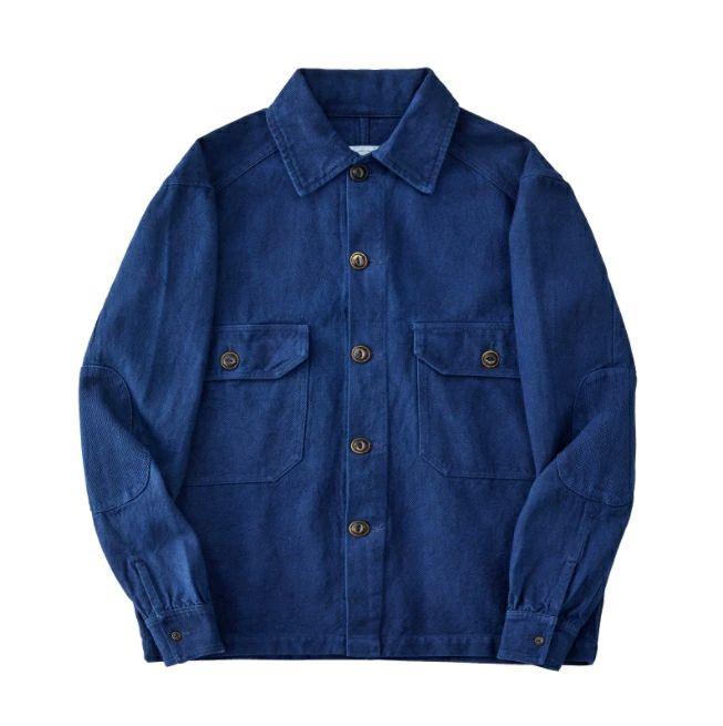 メンズ ワークジャケット カバーオール L サイズ 濃紺 薄手 綿 &amp; 麻 13OZ マルチポケット 天然インディゴ 藍染め レトロ SHOP DAN｜都喜 店