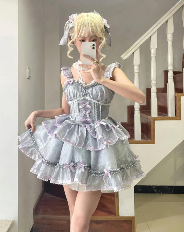 新発/分量制限事項/Lolita系/中袖/op衣装 jsk 日常 活動写真 一こま 化けの皮/ロリータ  トップス  萌え レディース ゴスロリ ロリータ流行り物 化けの皮 トップス  吊りスコート花嫁御寮お召しもの ティアードスカート