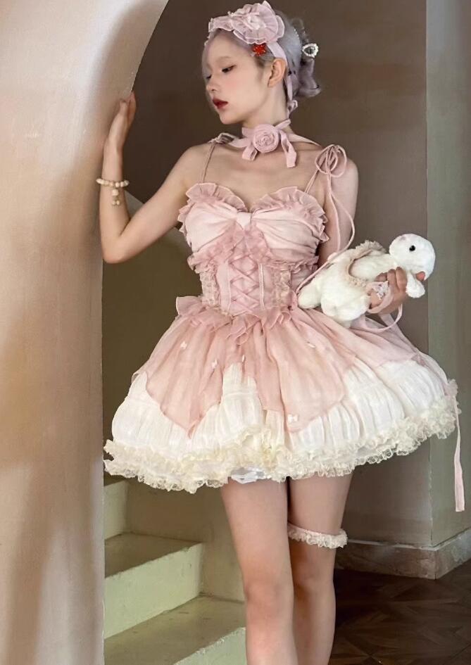 新発/数量限定/Lolita系/opワンピース　jsk　日常　写真　舞台　変装/ロリータ トップス 萌え レディース ゴスロリ ロリータファッション　変装　トップス 吊りスカート花嫁洋服　ティアードスカート　ハロウィン　ハロウィーン Halloween　ピンク　花姫