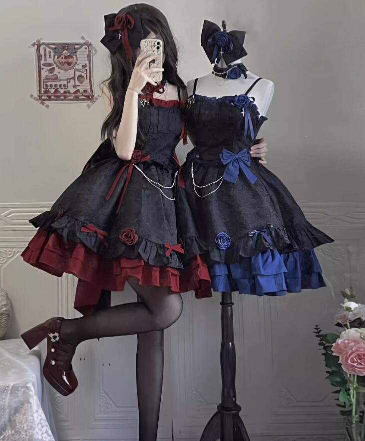 新発/寸法押さえる/Lolita/op衣裳 jsk 日常 活動写真 一こま 化けの皮/ロリータ  トップス  萌え レディース ゴスロリ ロリータ流行り物 化けの皮 トップス  吊りスコート花嫁御寮御召しもの ティアードスカート ハロウィン 日暈ウィーン Halloween 魔法つかい/吸血鬼/蛭/