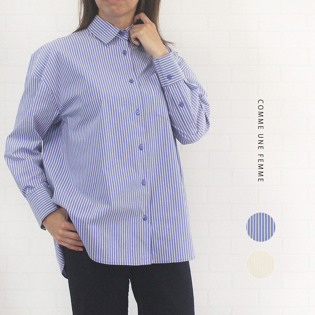 ＼最大1100円OFFクーポン配布中／ コムアンファム comme une femme 516335 トップス シャツ ブラウス リボンタイ付き ストライプ柄 シャツカラー ストレッチ 長袖 綿混 通販 店舗 レディース 女性 大人 シンプル 可愛い 春 夏 秋 冬 洗濯可 38 9号 40代 50代 60代