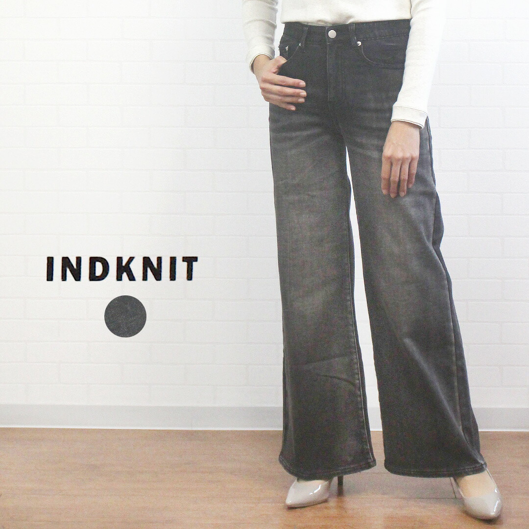 ＼最大10%OFFクーポン×P最大20倍／ INDIMARK インディマーク INDKNIT WKH005 ボトムス パンツ デニム 裏起毛 カットデニム ワイドデニム レディース 春 秋 冬 ストレッチ ジーンズ ウエストゴム 防寒 保温 あたたかい XS S M L 7号 9号 11号 13号 黒 40代 50代 60代