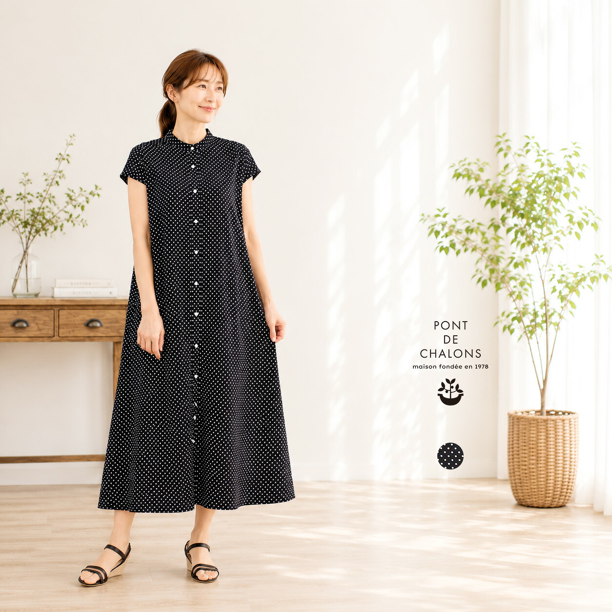 \SALE 今だけ最大20%OFFクーポン有/ ポンデシャロンのBESTSELLERS ワンピース ドット柄 清涼感 綿100% 上質 前あき バンドカラー フレンチ袖 通販 PONT DE CHALONS 22532528 レディース 女性 春 夏 秋 可愛い シンプル 洗濯可 F 9号 11号 40代 50代 60代|ジュールフェリエ店