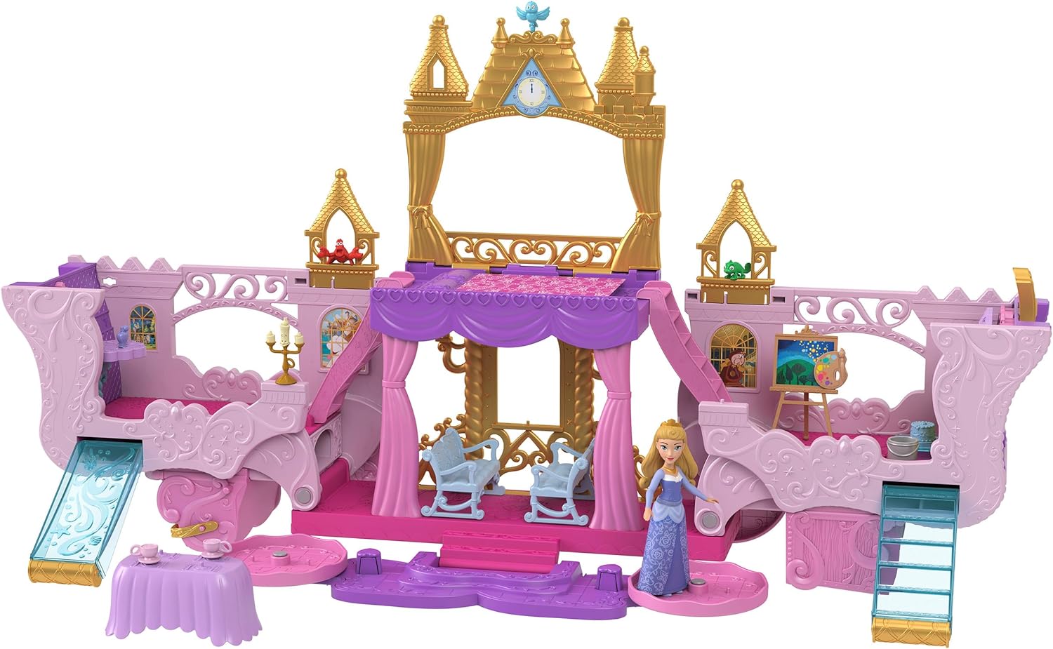 マテル ディズニープリンセス ピンクのおしろ～ばしゃがおしろにへんしん～ きせかえ人形 ハウス ままごと ごっこ遊び オーロラ姫 ミニドール付き ピンク HWX17