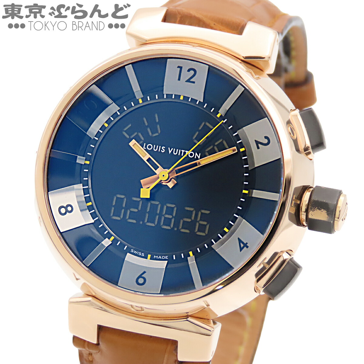 【中古】【3年保証】【返品可】ルイヴィトン LOUIS VUITTON タンブール イン ブラック メンズ 腕時計 電池式 K18PG アリゲーター 金無垢 デジアナ ブラック Q1185 [送料無料] 101850107