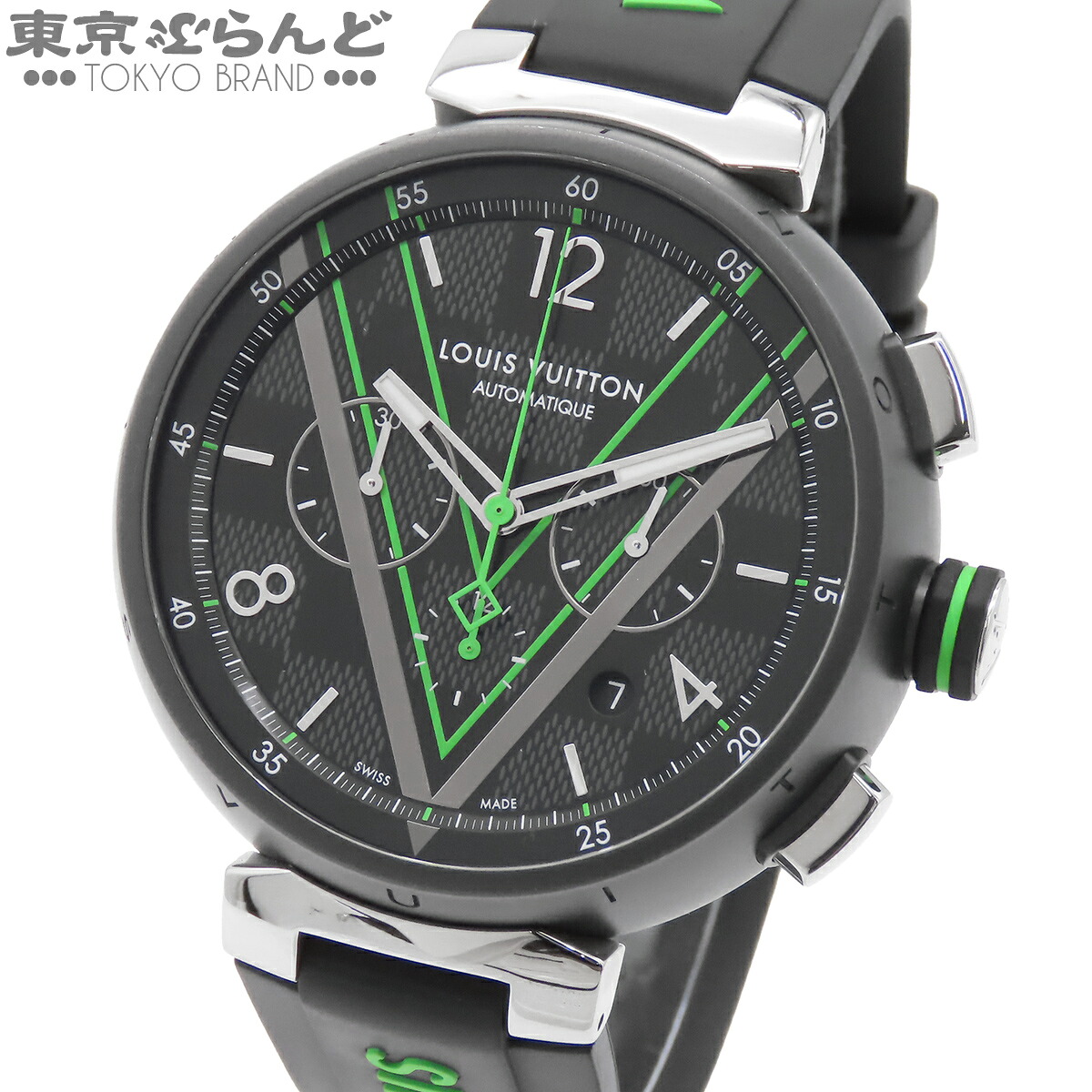 【中古】【3年保証】【返品可】ルイヴィトン LOUIS VUITTON タンブール クロノグラフ ダミエ グラフィット レース メンズ 腕時計 自動巻 SS ラバー ブラック QA130Z [送料無料] 101858807