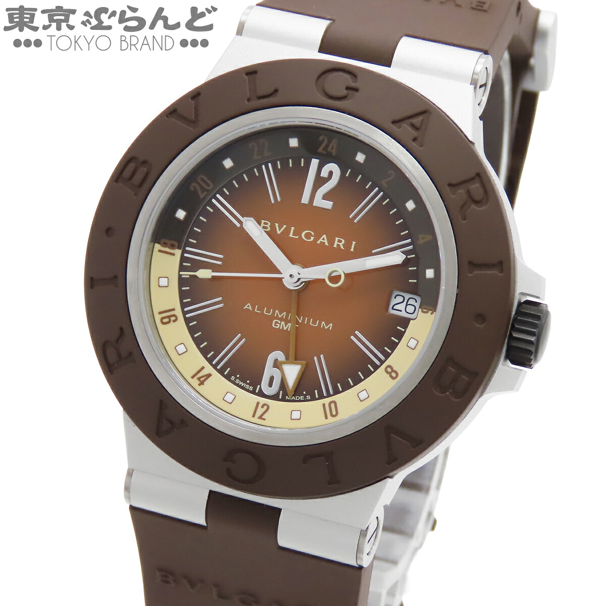 【中古】【3年保証】【返品可】ブルガリ BVLGARI アルミニウム メンズ 腕時計 自動巻 アルミ チタン ラバー GMT フェンダー 1200本限定 保証書付 ブラウン BB40ATGMT [送料無料]【ポイント5倍●7.16～7.27】 101870885｜東京ぶらんど時計館