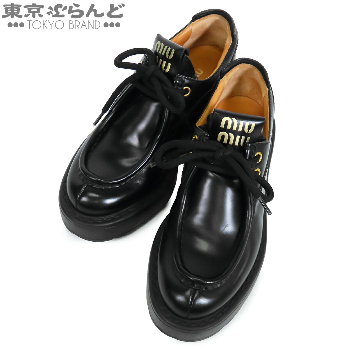 【中古】【返品可】ミュウ ミュウ Miu Miu レースアップシューズ レディース レザー 厚底 ローファー ロゴ ブラック 黒 [送料無料]【ポイント15倍●7.16～7.27】 101862920｜東京ぶらんど