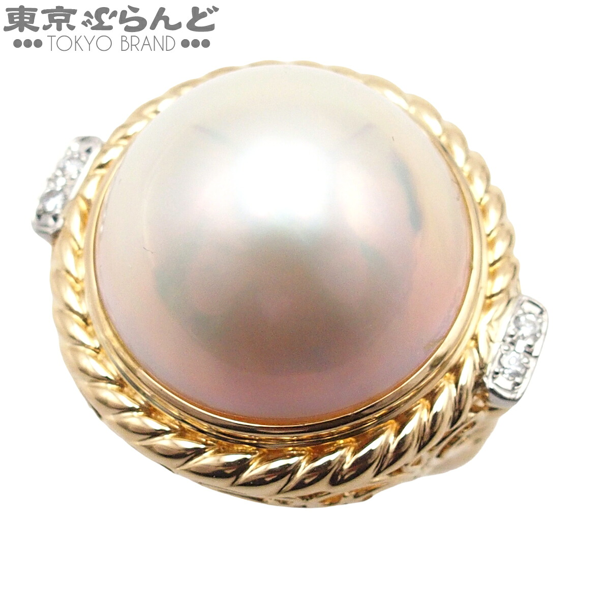 【5%クーポン♪4.14～4.27】【中古】【返品可】デザインリング レディース K18YG Pt900 マベ養殖パール ダイヤモンド 13号相当 0.04ct イエローゴールド【鑑別書付】 指輪 仕上済 [送料無料]【ポイント5倍●4.14～4.27】 101842022