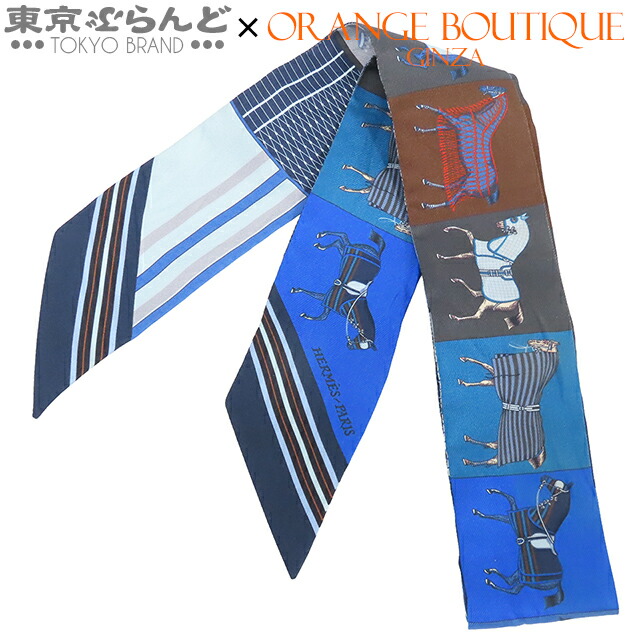【中古】【返品可】【超オススメアイテム！ξ】エルメス HERMES ツイリー レディース スカーフ シルク 馬柄 ストライプ ブルーxマルチカラー [送料無料]pdw 101825324