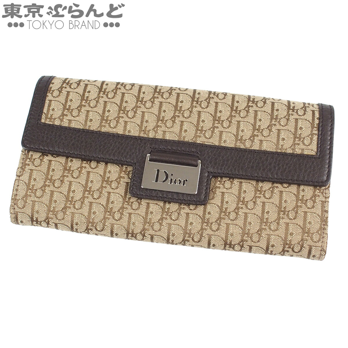 【中古】【返品可】ディオール Christian Dior トロッター レディース 帆布 なめし革 二つ折り長紙入れ メタルロゴプレート ベージュx赤銅色 [貨物輸送無料] 101875837