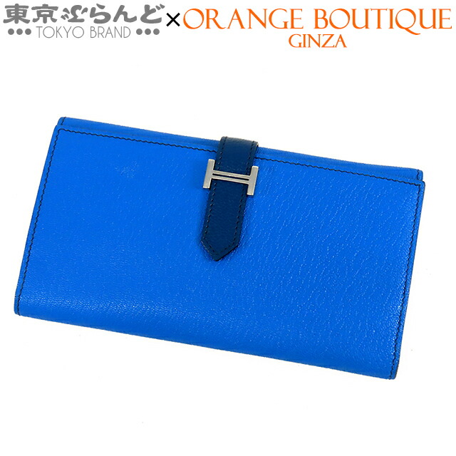 【5%クーポン券♪4.30～5.10】【中古】【返品可】エルメス HERMES ベアン レディース シェーブル 三つ折り長がま口 □Q目じるし ブルーイドラxブルーサフィール しろがね色金具 [貨物輸送無料]【尖んがり10倍●4.30～5.10】 101829538 バッグ・小物・ブランド雑貨-財布・ケース-レディース財布