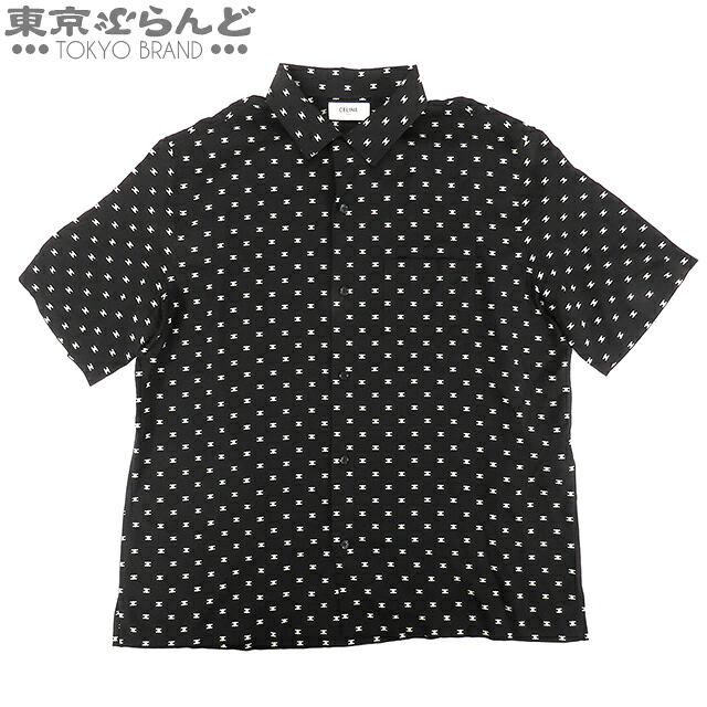 【5%クーポン♪4.6 20時～4.11】【中古】【返品可】セリーヌ CELINE オープンカラーシャツ メンズ レーヨン マイクロ トリオンフ 総柄 ブラックxホワイト 2C946387Z 12NC [送料無料]【ポイント5倍●4.6 20時～4.11】 101827750