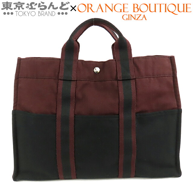 【中古】【返品可】エルメス HERMES フールトゥ MM ユニセックス トートバッグ コットン ボルドーxブラック シルバー金具 [送料無料] 101819959